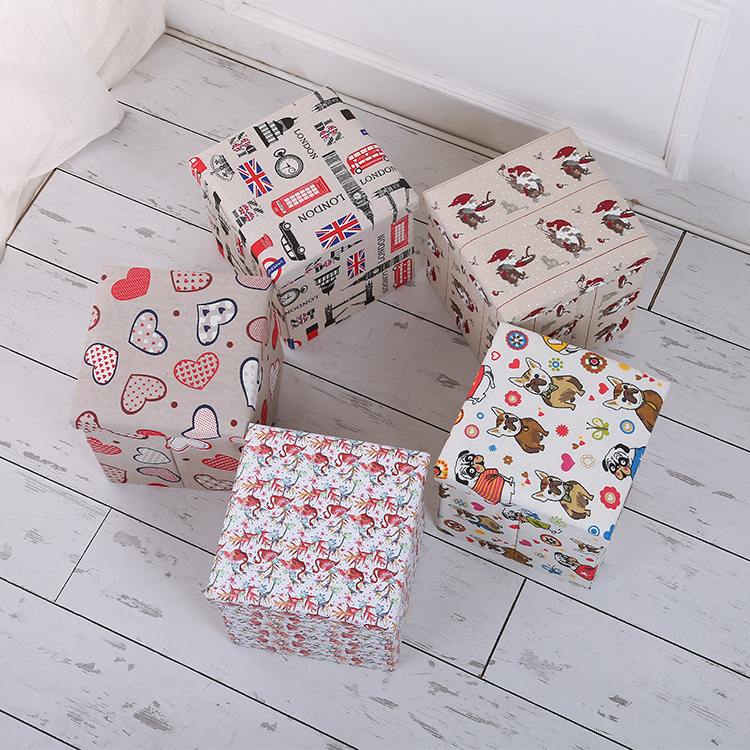 定制创意图案麻布收纳凳圣诞收纳箱多功能储物凳布艺储物凳子|ru