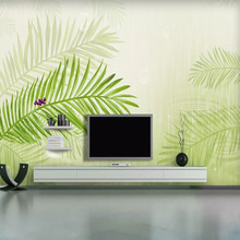 北欧清新绿色植物水彩叶子田园壁画电视背景墙卧室客厅墙纸壁纸
