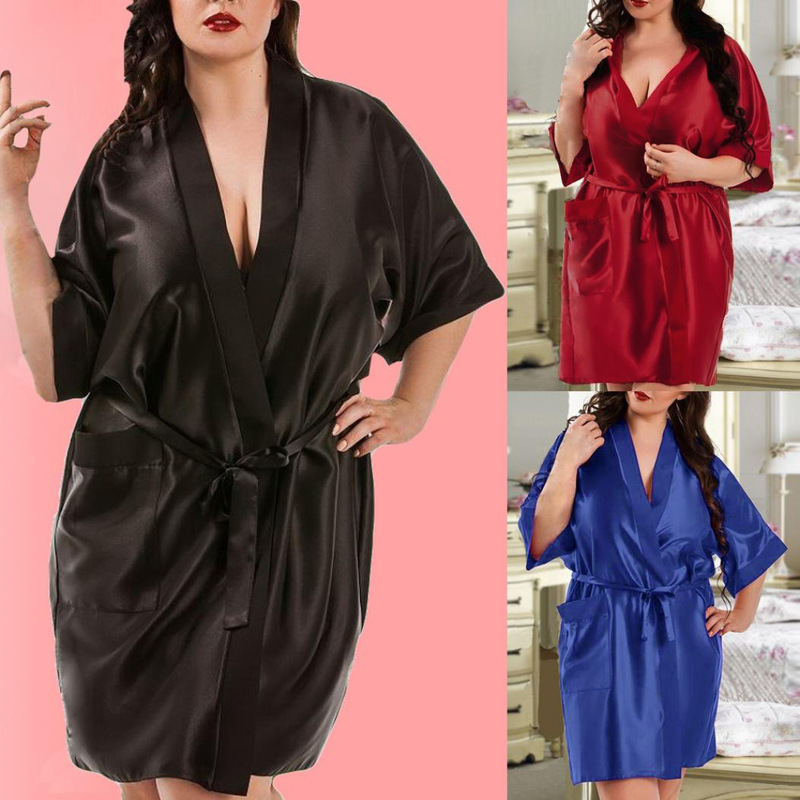 European and American Plus Size Sexy Pajamas, Imitation Silk Cardigan, Waist Straps, Multi-Color Home Patch Pocket Bathrobe Set European and American Plus Size Sexy Pajamas, Imitation Silk Cardigan, Waist Straps, Multi-Color Home Patch Pocket Bathrobe Set
