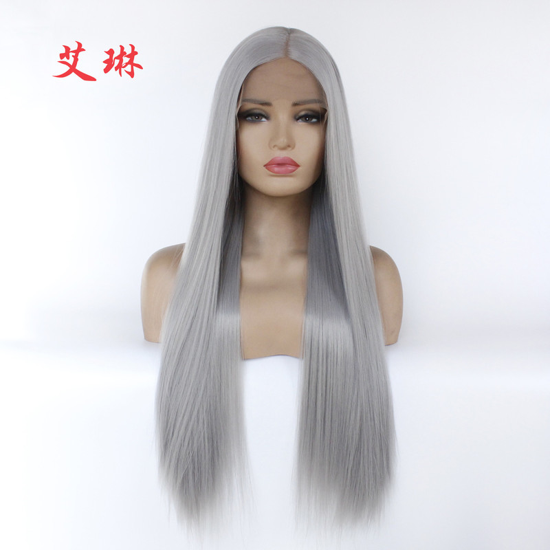 AliExpress medium gray chemical fiber wig half hand hook front lace headgear European and American fashion realistic long straight hair
