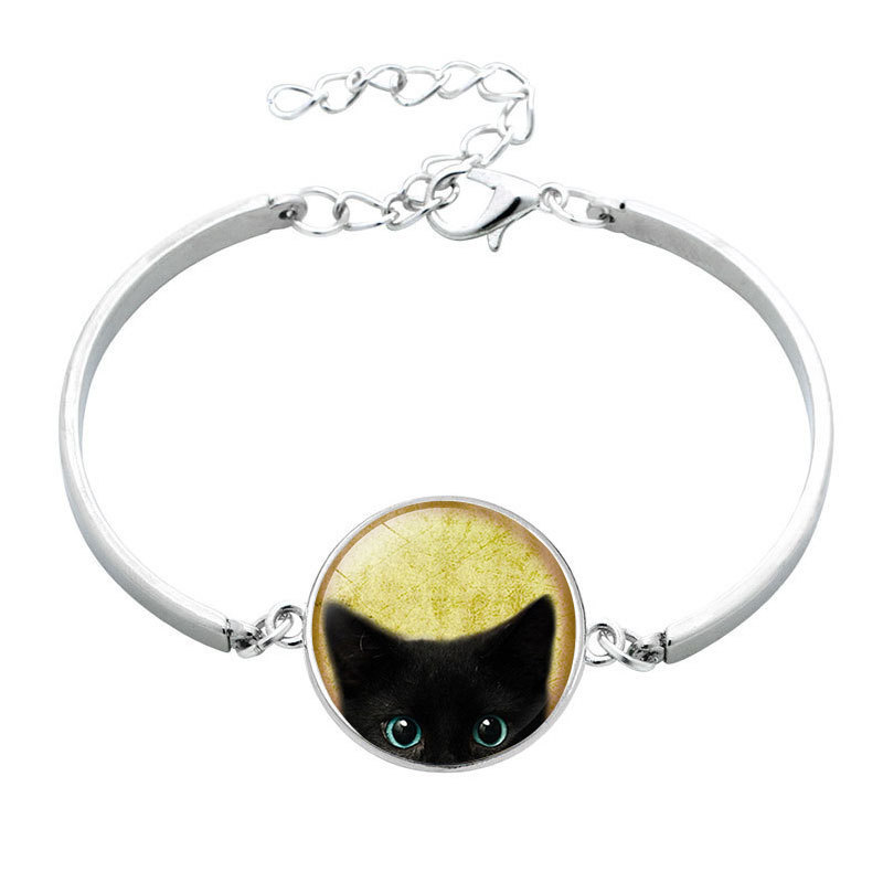 Foreign Trade Hot-Selling Jewelry Wholesale Retro Black Cat Bird Eyes Time Gemstone Silver Bracelet European and American Black Gold
