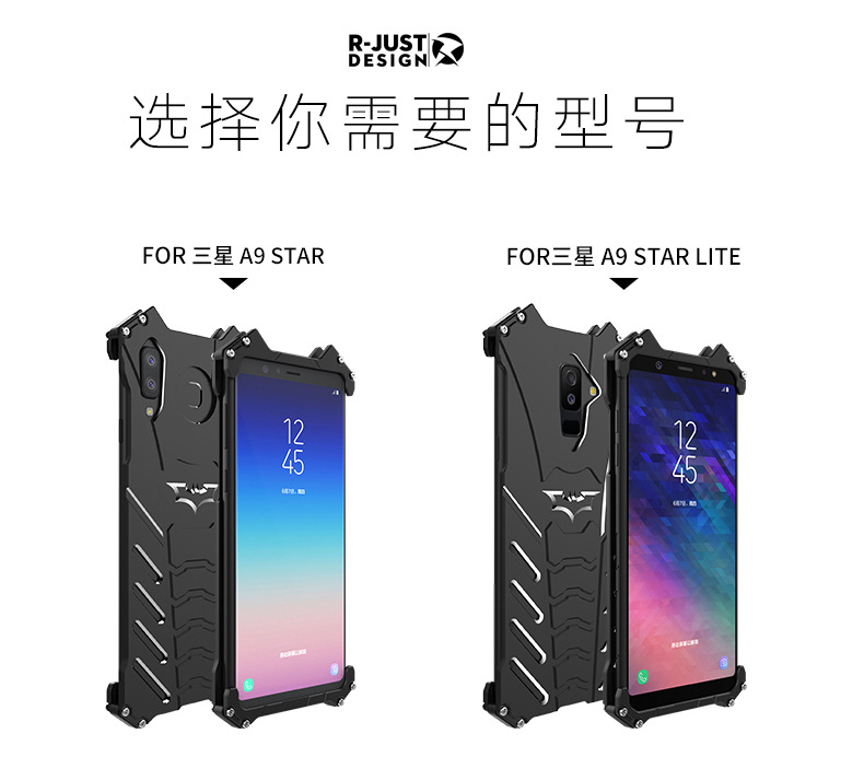 R-Just Batman Shockproof Aluminum Shell Metal Case with Custom Batarang Stent for Samsung Galaxy A9 Star & Samsung Galaxy A9 Star Lite & Samsung Galaxy A8 Star