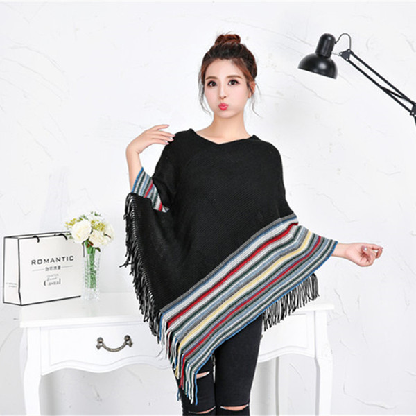 欧美秋冬新款民族风彩色条纹针织套头斗篷披肩毛线针织衫流苏厂家