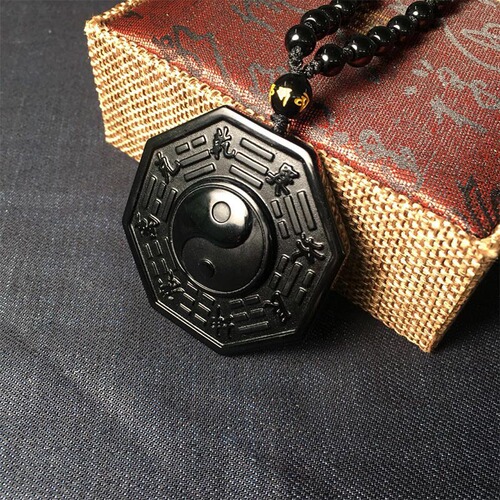 Obsidian Bagua Pendant with Yin Yang Fish Taiji Bagua Disc Five Elements Men's and Women's Matching Necklace, Drop Ship