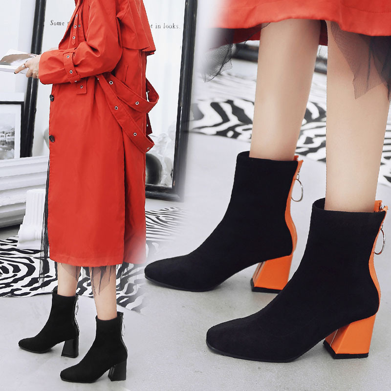 Autumn and Winter new style matte suede color matching round toe chunky heel women's single-layer boots back zipper high heel plus size short boots