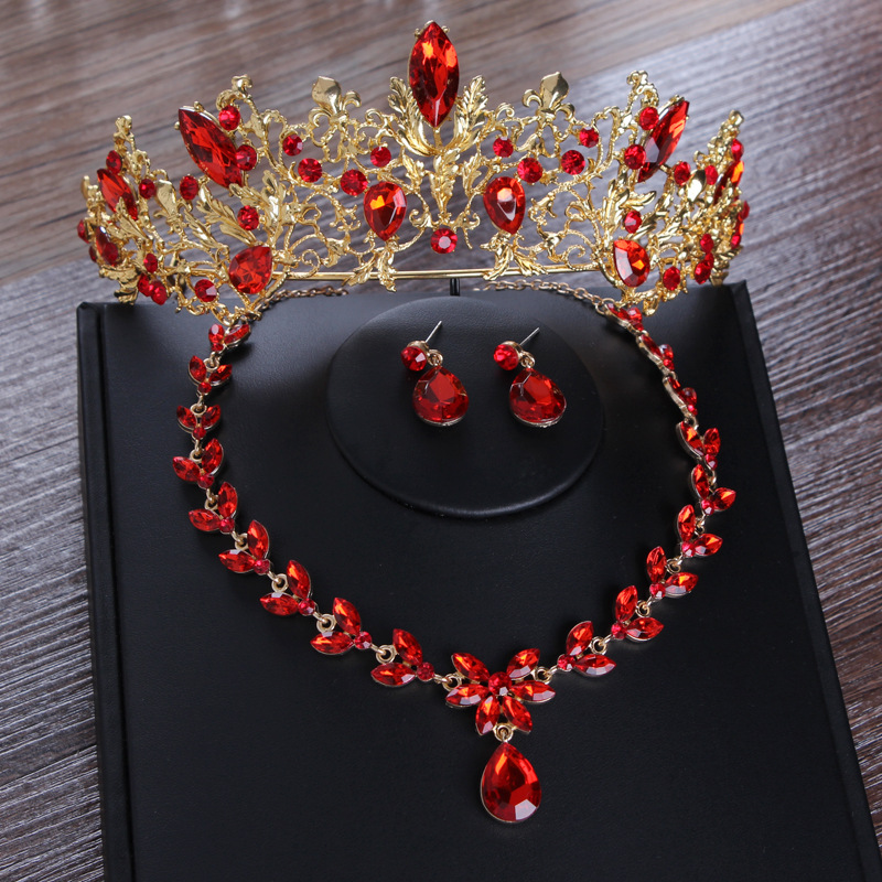 New bridal red headdress atmospheric three-piece Korean crown necklace earrings toast wedding accessories
