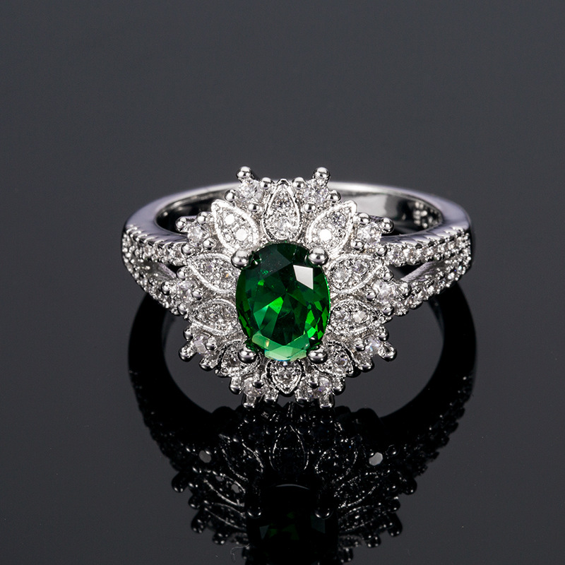 New Accessories Exquisite Flower Shape Emerald Zircon Ring Female Manufacturers Direct Foreign Trade Wish Wholesale