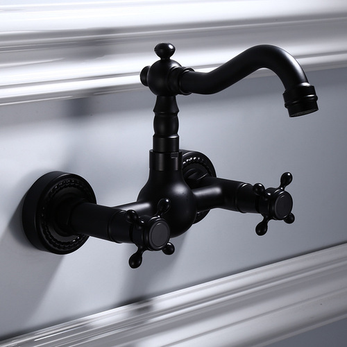 All-copper black European-style antique bathtub hot and cold faucet bathroom hardware wall-mounted balcony 360 rotating faucet