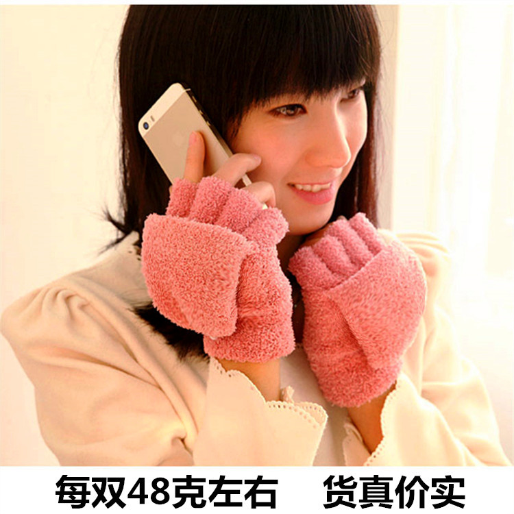 Winter Women's Warm Clamshell Half-finger Gloves Plus Velvet Thick Knitted Gloves