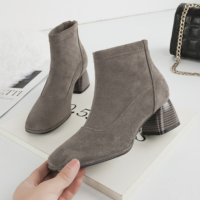 High-heeled elastic boots velvet square-headed thick-heeled boots 