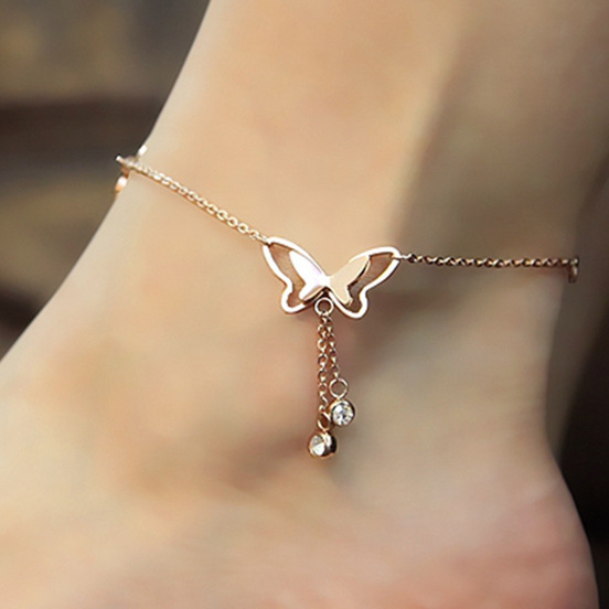 Summer Foot Accessories Temperament Hollow Butterfly Double Diamond Tassel Rose Gold Anklet Rose Gold Wholesale
