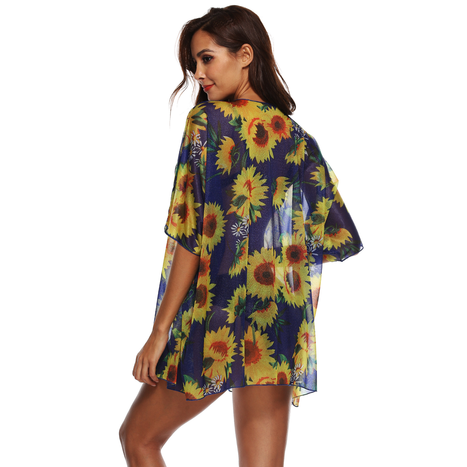 Sunflower Print Chiffon Linen Beach Blouse NSOY26796