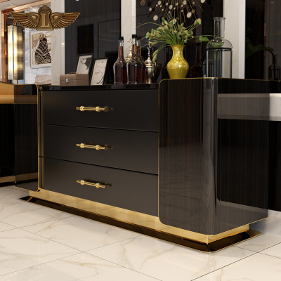 輕奢後現代簡約不鏽鋼金色餐廳餐邊廚房烤漆儲物餐櫃茶水櫃玄關櫃