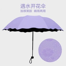 现货批发三折遇水开花晴雨伞定制 折叠黑胶防晒遮阳伞广告伞LOGO