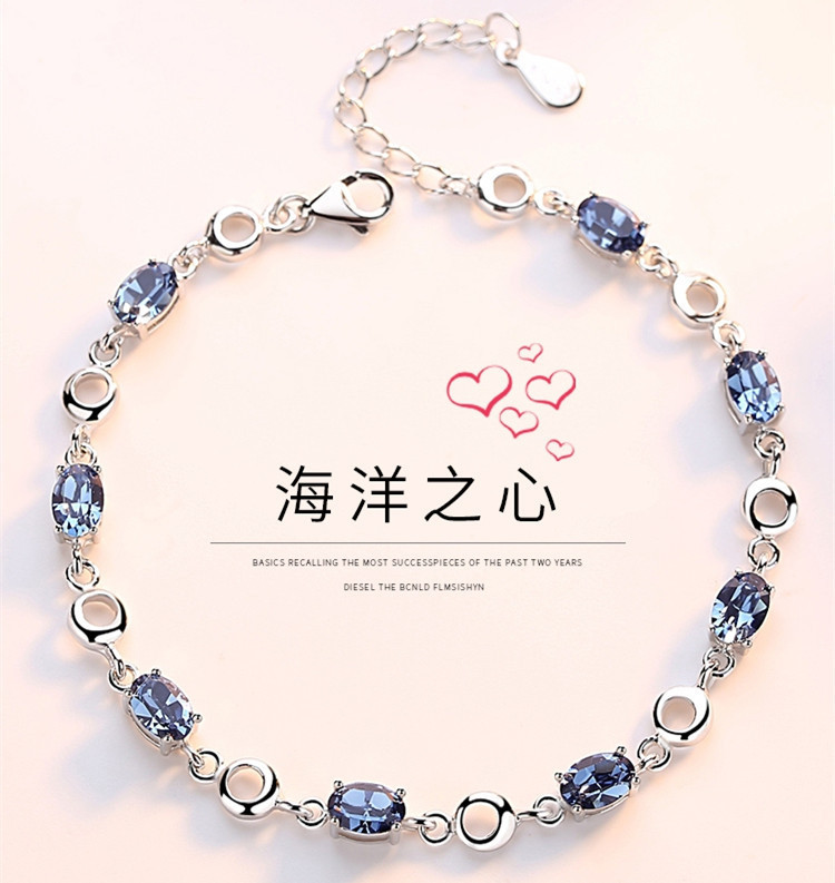 Inlaid Sea Blue Topaz Plated S925 Sterling Silver Bracelet Women's Crystal Simple Student Personality Girlfriend Birthday Gift