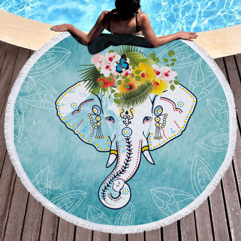 Factory direct supply round beach towel tassel Indian elephant microfiber LOGO when Picnic mat