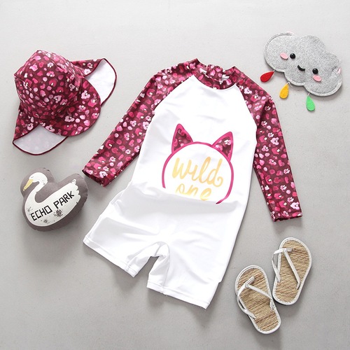 INS baby girl's cute kitten-shaped swimsuit, one-piece baby girl's sun protection surfing suit with hood