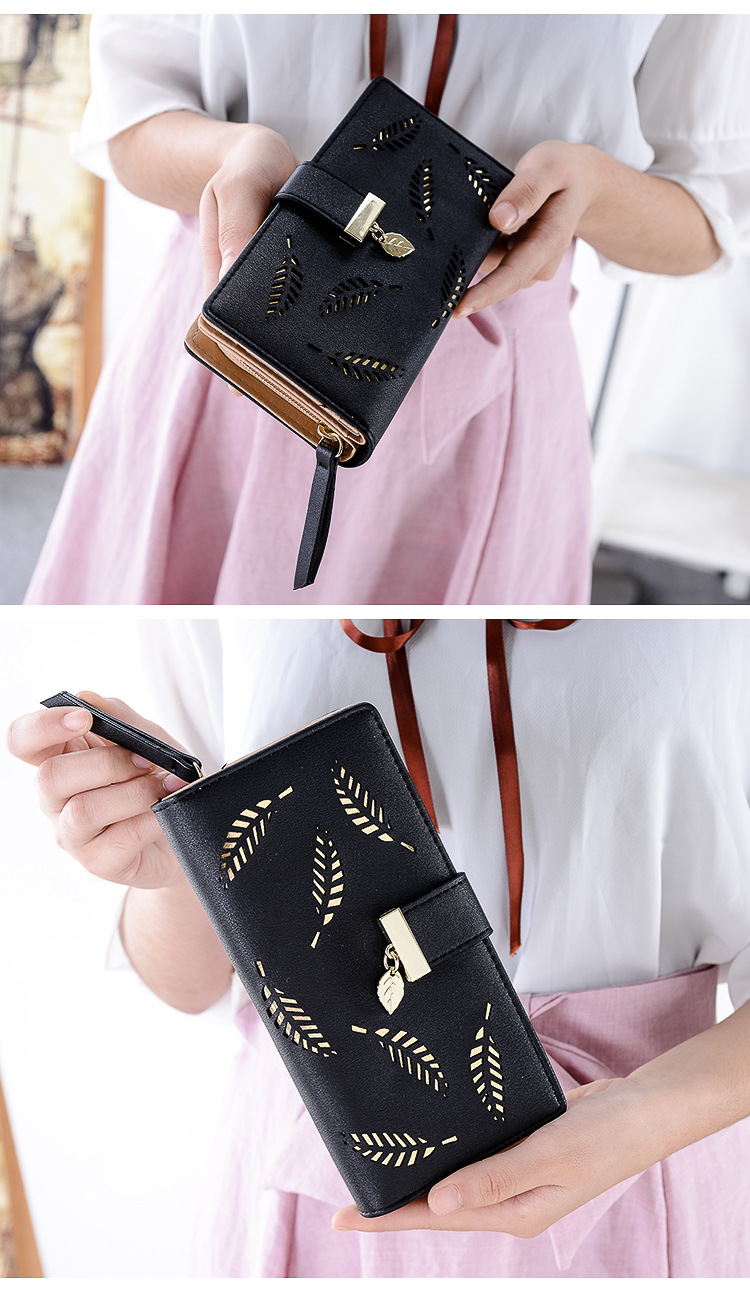 Long Wallet Bags Type Daily Occasion Pu Leather Material Women's Leaves Solid Color Pu Leather Hollow Zipper Buckle Wallets