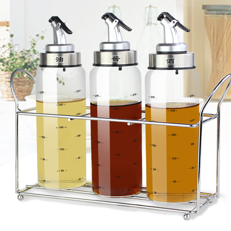 Engrasador de vidrio botella de aceite traje vinagre olla condimento caja condimento tarro hogar suministros de cocina con estante de almacenamiento