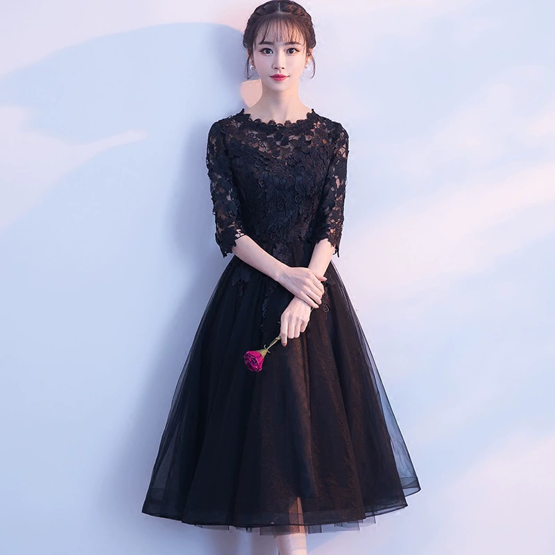 Black evening dress, 2020, asymmetric cut