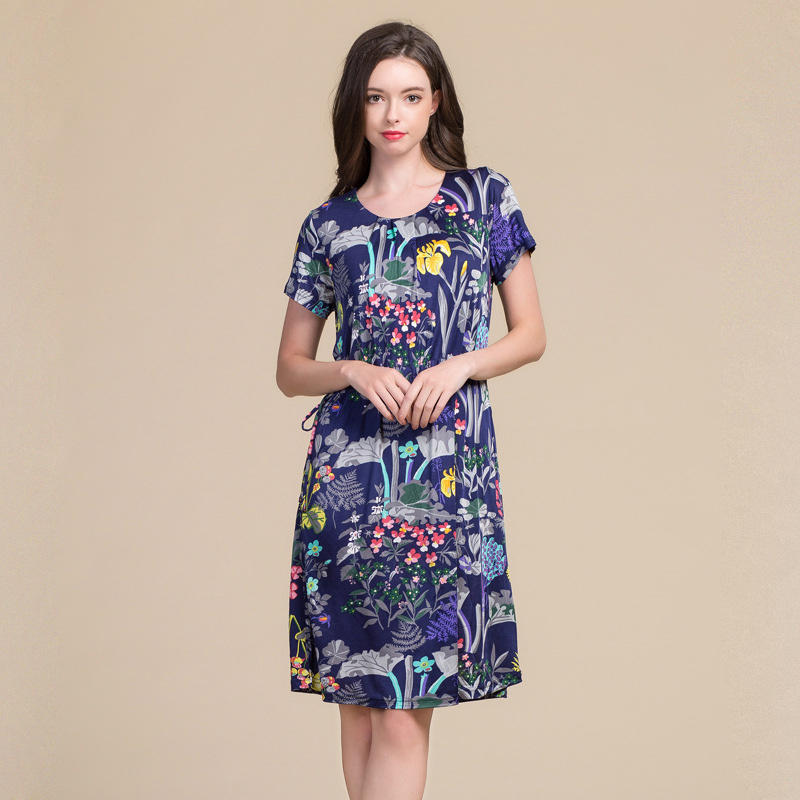 Womens Floral Print Short Sleeve Knitted Silk Dress Loose Fit Adjustable Drawstring Long Length Spring Summer
