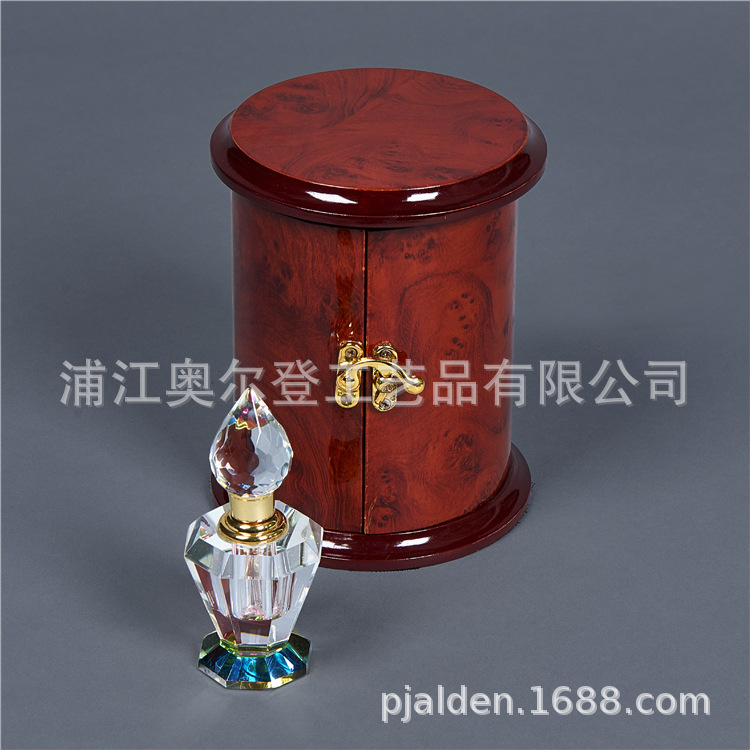 Wooden round box creative packaging custom essential oil bottle wooden box lacquered crystal perfume bottle 15ml set gift detail image 3