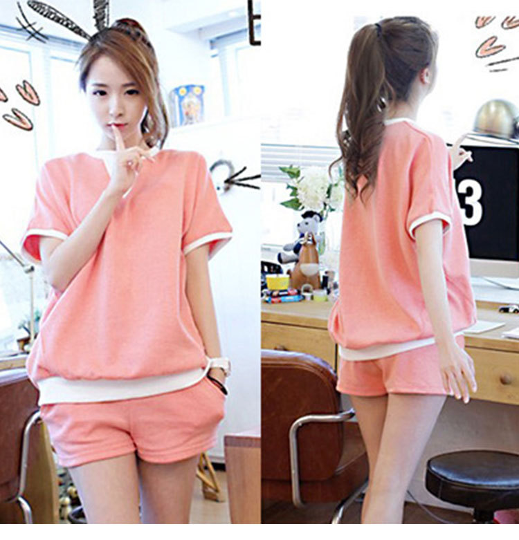 通用标-白V领粉色短袖单女套装_06