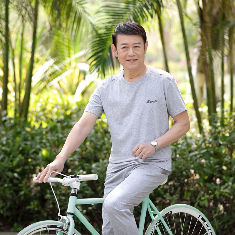 中老年男运动服套装爸爸夏季短袖T恤老头衫纯棉裤跑步休闲装大码