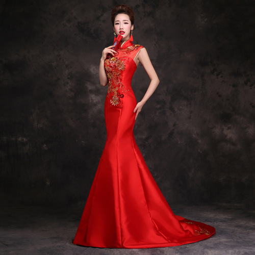 Chinese Dress Qipao girl long fishtail tailed performance style Qipao banquet evening dress