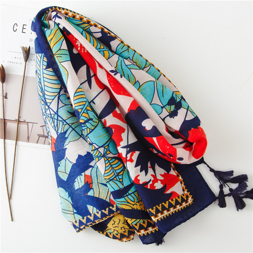 Sun protection shawl for women, summer ethnic style cotton and linen silk scarf, printed tassel tulle scarf, travel beach towel, sunshade scarf