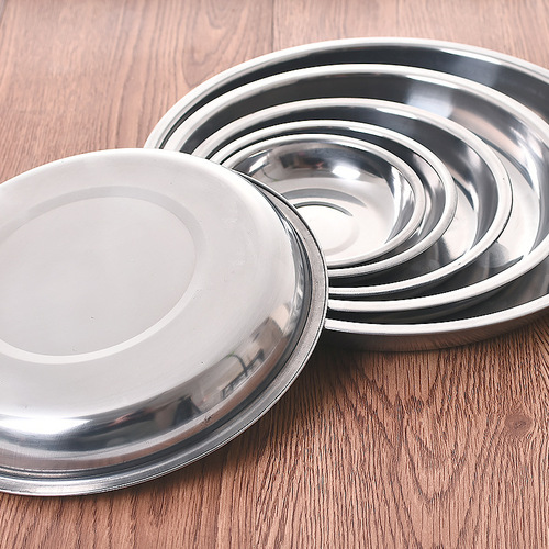 Home Kitchen Stainless Steel Thick Round Plate BBQ Rice Noodle Flat Plate Dish Tray Cool Skin Fast Food Restaurant Tray