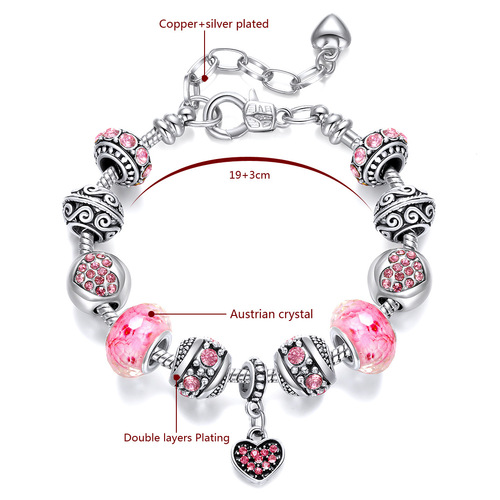 Pink acrylic alloy pan big mail eye silver plated bracelet 