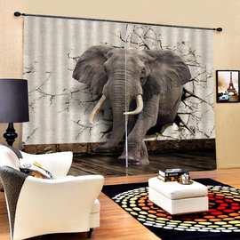 厂家批发大象印花聚酯纤维窗帘 支持免打孔杆带挂钩加工 提供图片