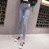 Skinny pants slim high waist knee hole design