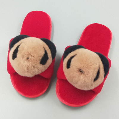 批發紅色羊剪絨皮毛壹體家居棉鞋防滑加厚保暖軟底獺兔毛小熊拖鞋