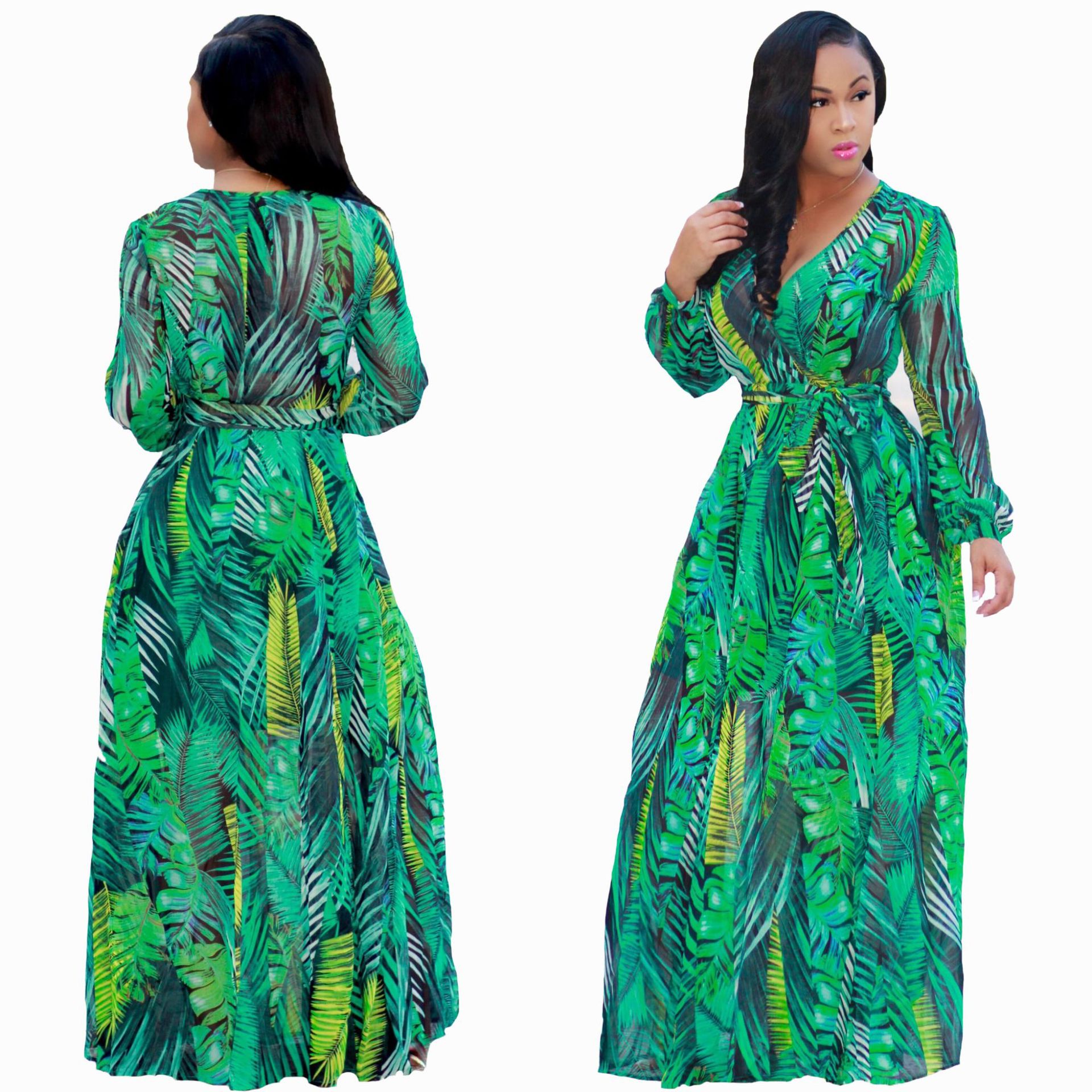 plus size long-sleeved v-neck digital print big swing chiffon dress nihaostyles wholesale clothing NSBMF91105