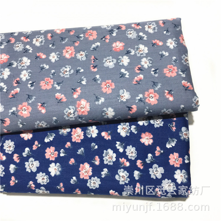 批发供应 纯棉斜纹布料 日式和风全棉小碎花深蓝灰色底服装手工
