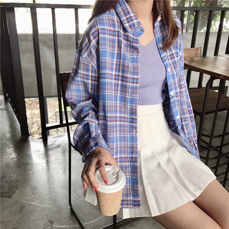 实拍 港风宽松小清新格子衬衫长袖18夏防晒衣百搭薄外套女