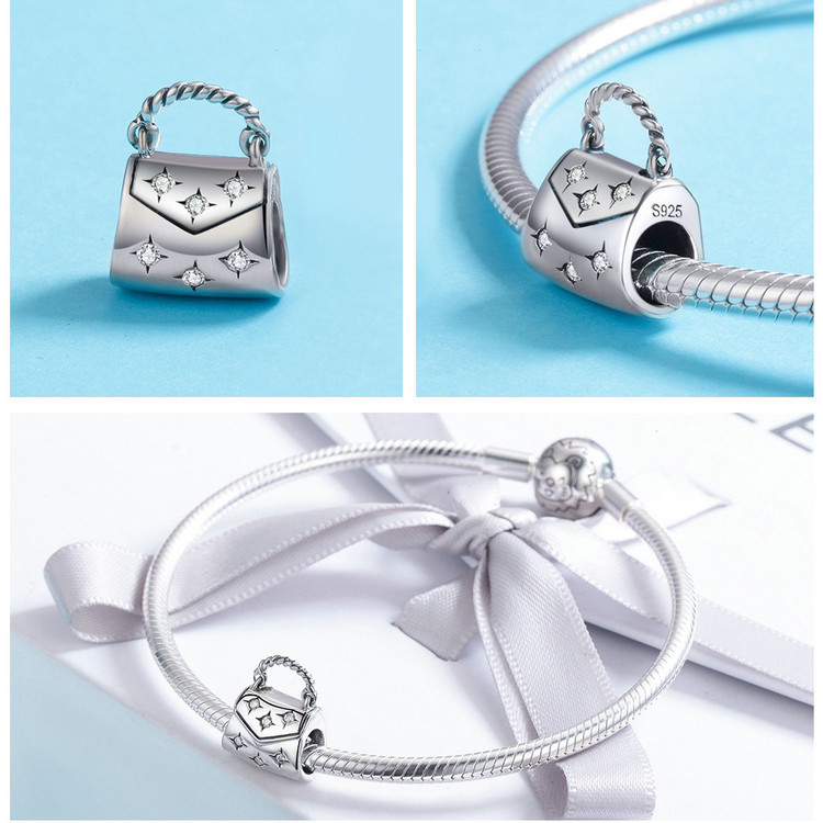 New S925 Sterling Silver Handbag Shape Pendant Necklace Women Personality Bracelet Necklace Beaded Pendant Jewelry DIY Accessories