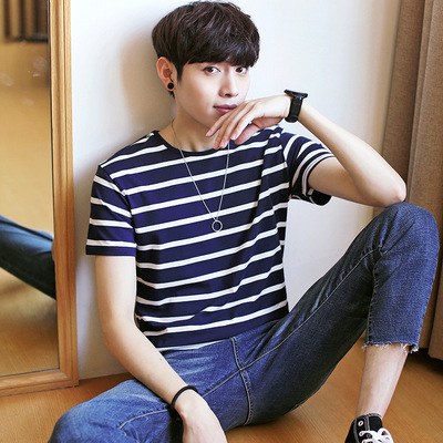 2019夏季新款男士圆领条纹短袖t恤 男式半袖衫韩版男装纯棉衣服男