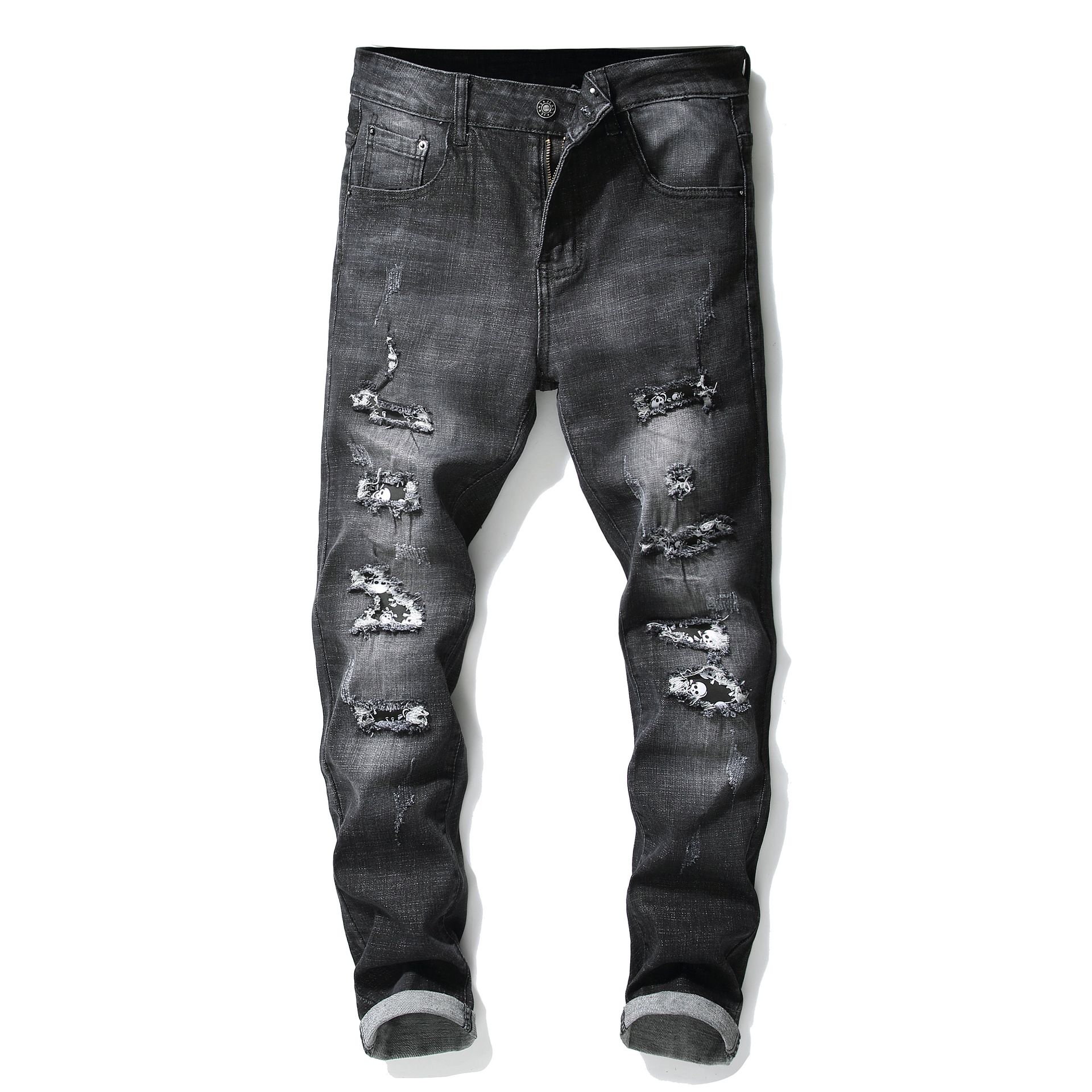 Pantaloni da uomo elastici neri di alta qualità con toppe rovinate, pantaloni da uomo personalizzati e alla moda_voghion.com