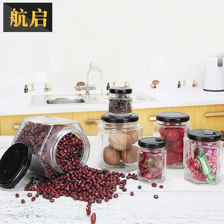 六棱蜂蜜瓶干果杂粮密封罐马口铁盖储物罐透明玻璃罐头瓶可定制