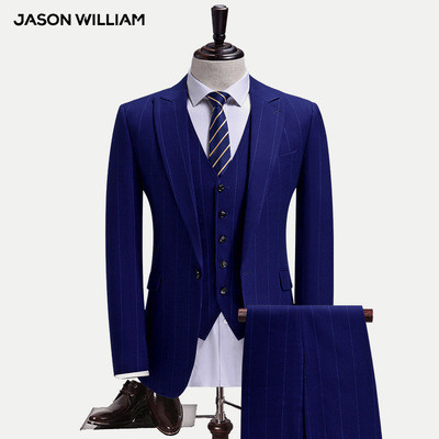 2018西服套装秋冬季男士蓝色条纹休闲商务新郎结婚职业正装两件套