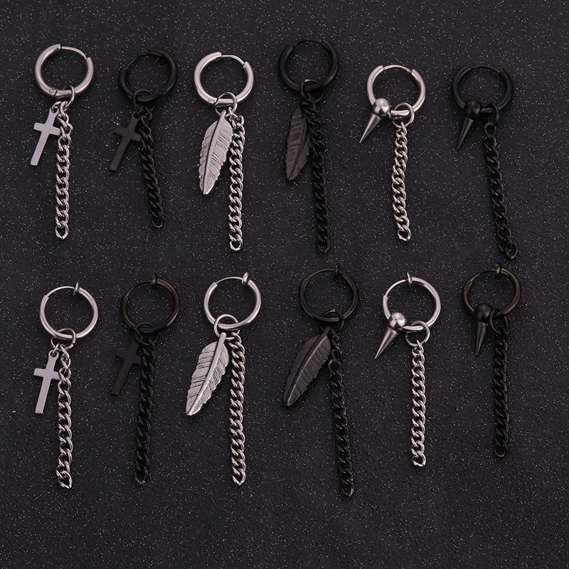 Korean style popular personality stainless steel chain tassel earrings hip-hop style menu0027s feath