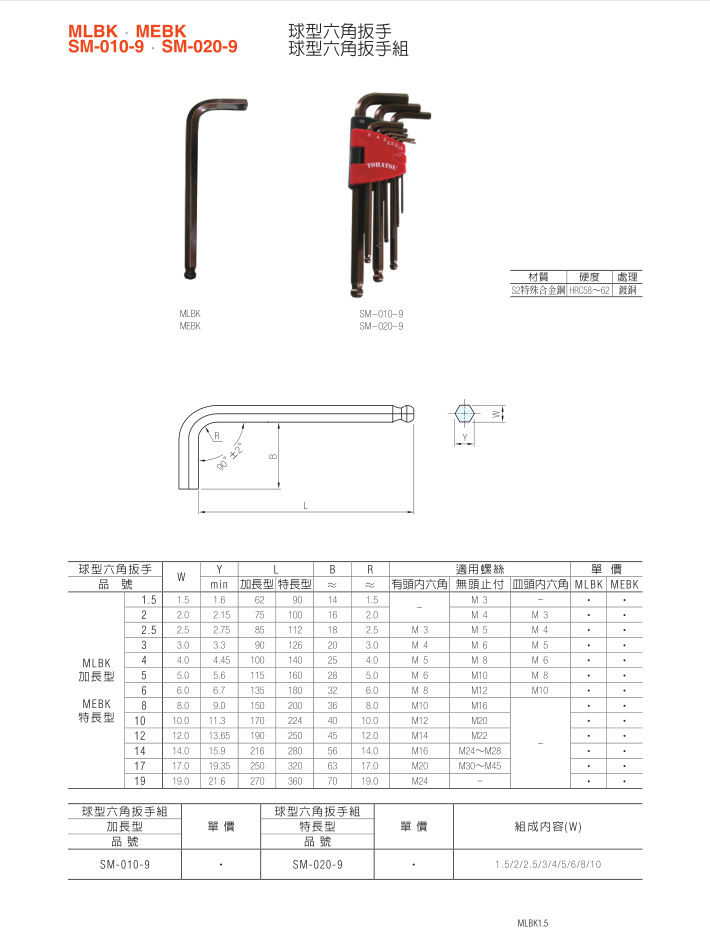 球型六角板手、球型六角板手组MLBK、MEBK、SM-010-9、SM-020-9