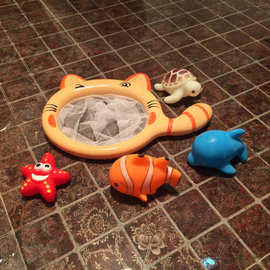 宝宝浴室洗澡小猫捞鱼戏水玩具 夏日沙滩4只搪胶动物网捞捉鱼套装