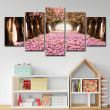 跨境五聯畫速賣通 AE5件櫻花畫粉色花瓣樹客廳牆上的藝術家居裝飾