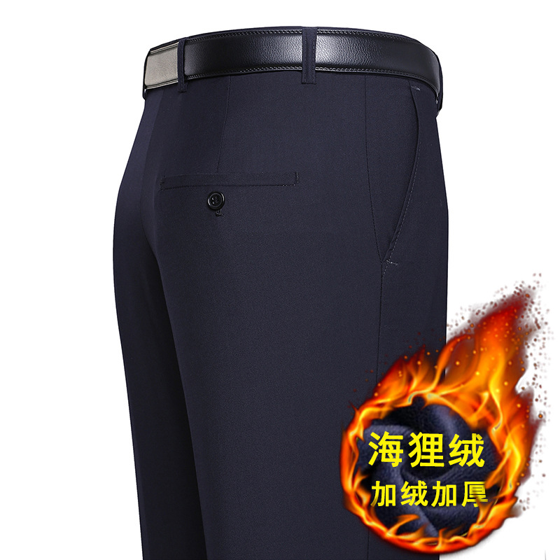 Pantalones de traje forrados de lana para hombres de otoño pantalones de traje gruesos sueltos de cintura alta de negocios rectos pantalones de traje formal de mediana edad para hombres image 14