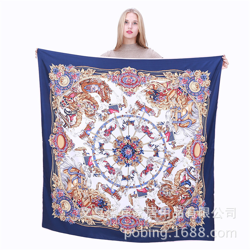 new 130cm womens silk scarf carousel print twill imitation silk large square scarf shawl scarfpicture7