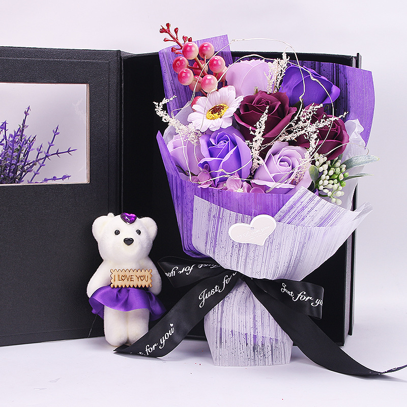 换盖小盒加熊花束 紫1 8x8